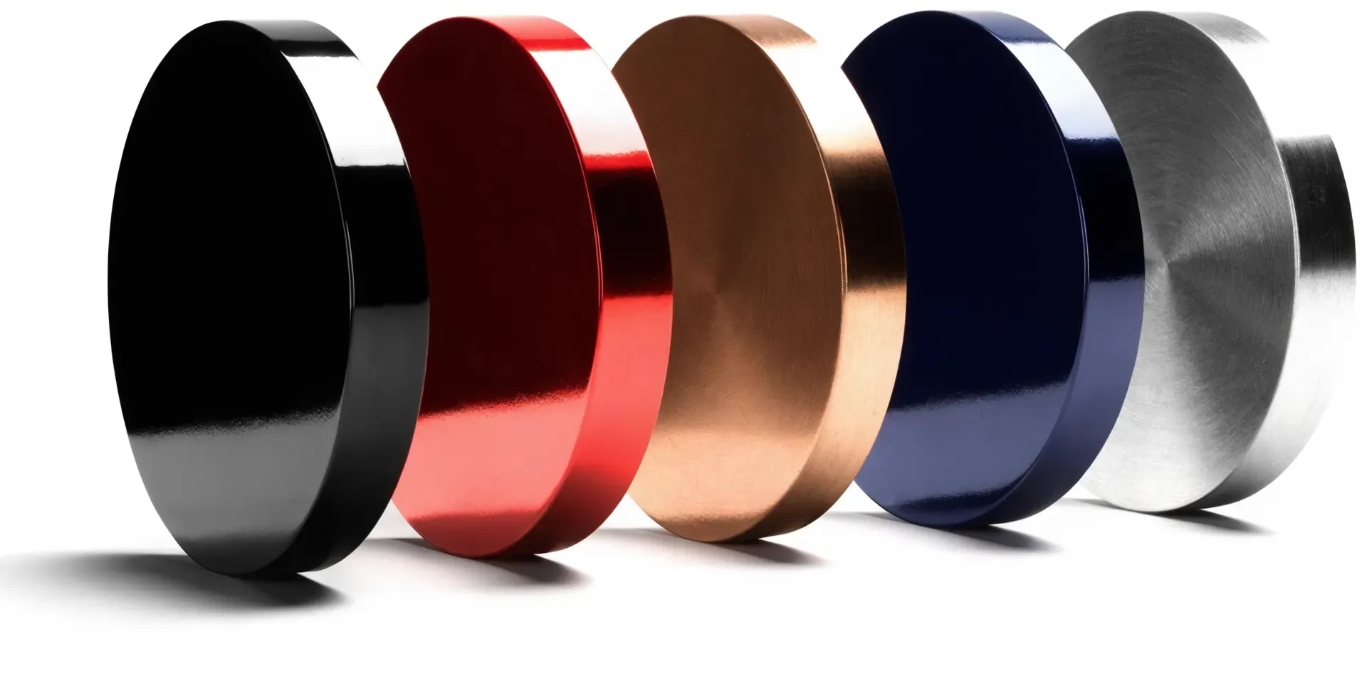 Five powder coat finishes side by side: gloss black, gloss red, bronze, navy and brushed silver
